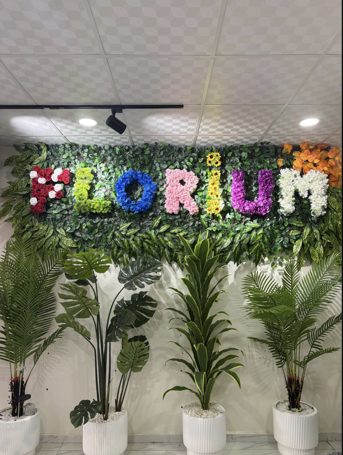 Florium çiçeklerden yapılmış logo duvarı ve yeşil bitkiler